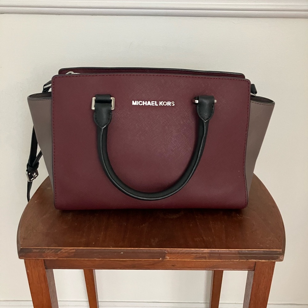 Michael Kors Two-Tone Burgundy and Taupe Satchel with Black Handles